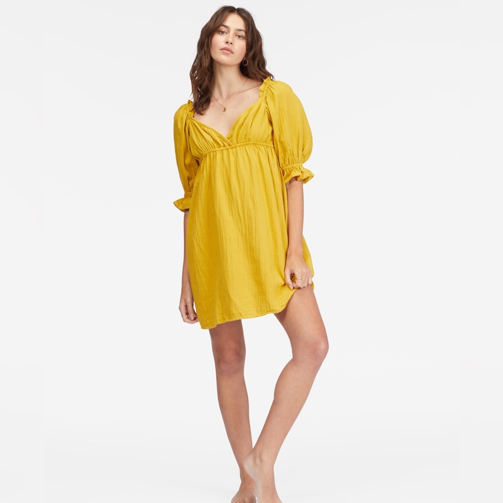 Billabong Perfect Paradise Babydoll Dress Puff Sleeve Mini Dress Mustard Yellow